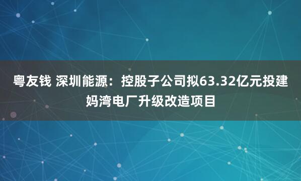 粤友钱 深圳能源：控股子公司拟63.32亿元投建妈湾电厂升级改造项目
